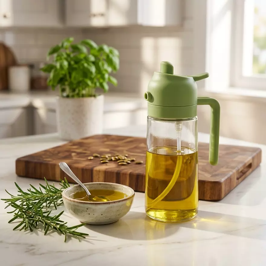 OmniMist glass bottle with sage green cap on a bright kitchen counter